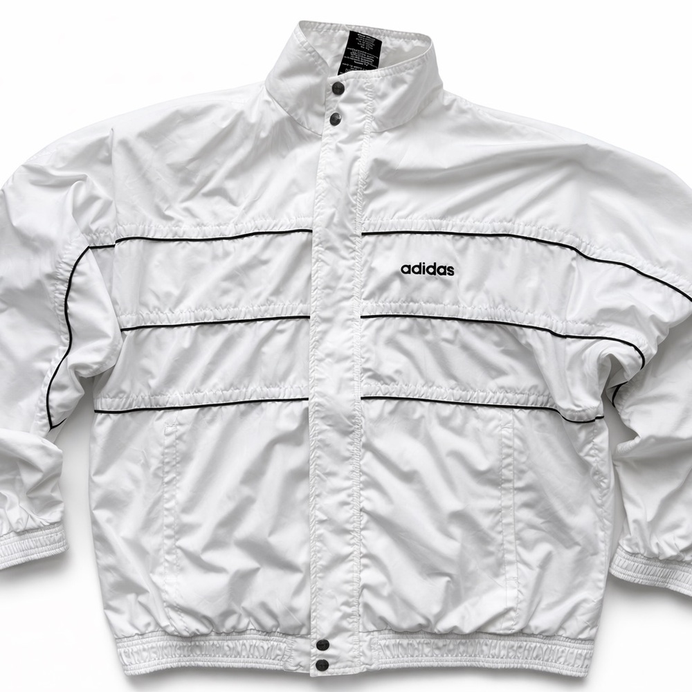 Vintage Adidas White Track Windbreaker Jacket L — 90s Minimal Logo Zip Up Y2K